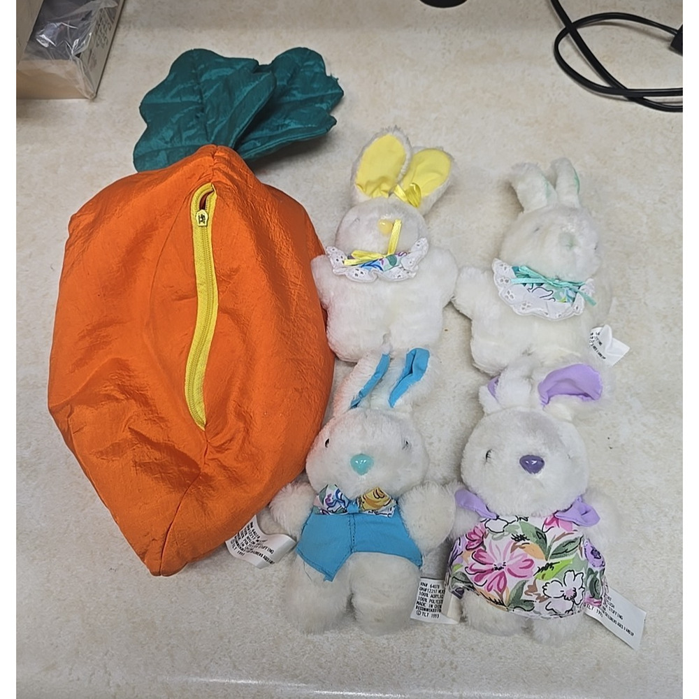 Vtg Easter Bunny Rabbit with Carrot Bag Soft Cute Plush Stuffed Animal Toy